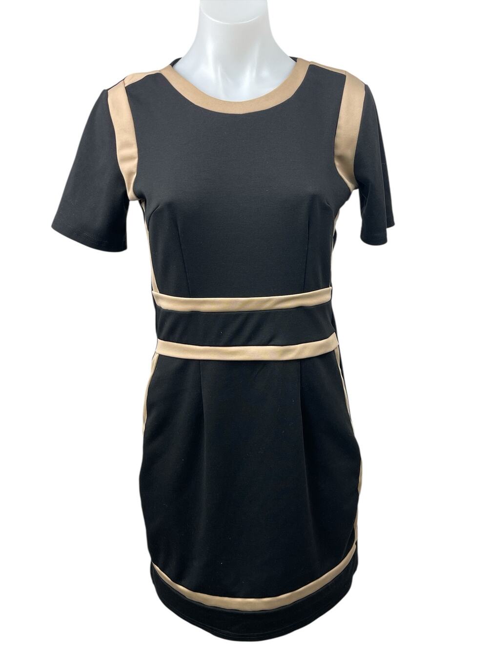 Miusol Womens Black Gold Pleated Short Sleeve Mini Bodycon Sheath Dress Size M